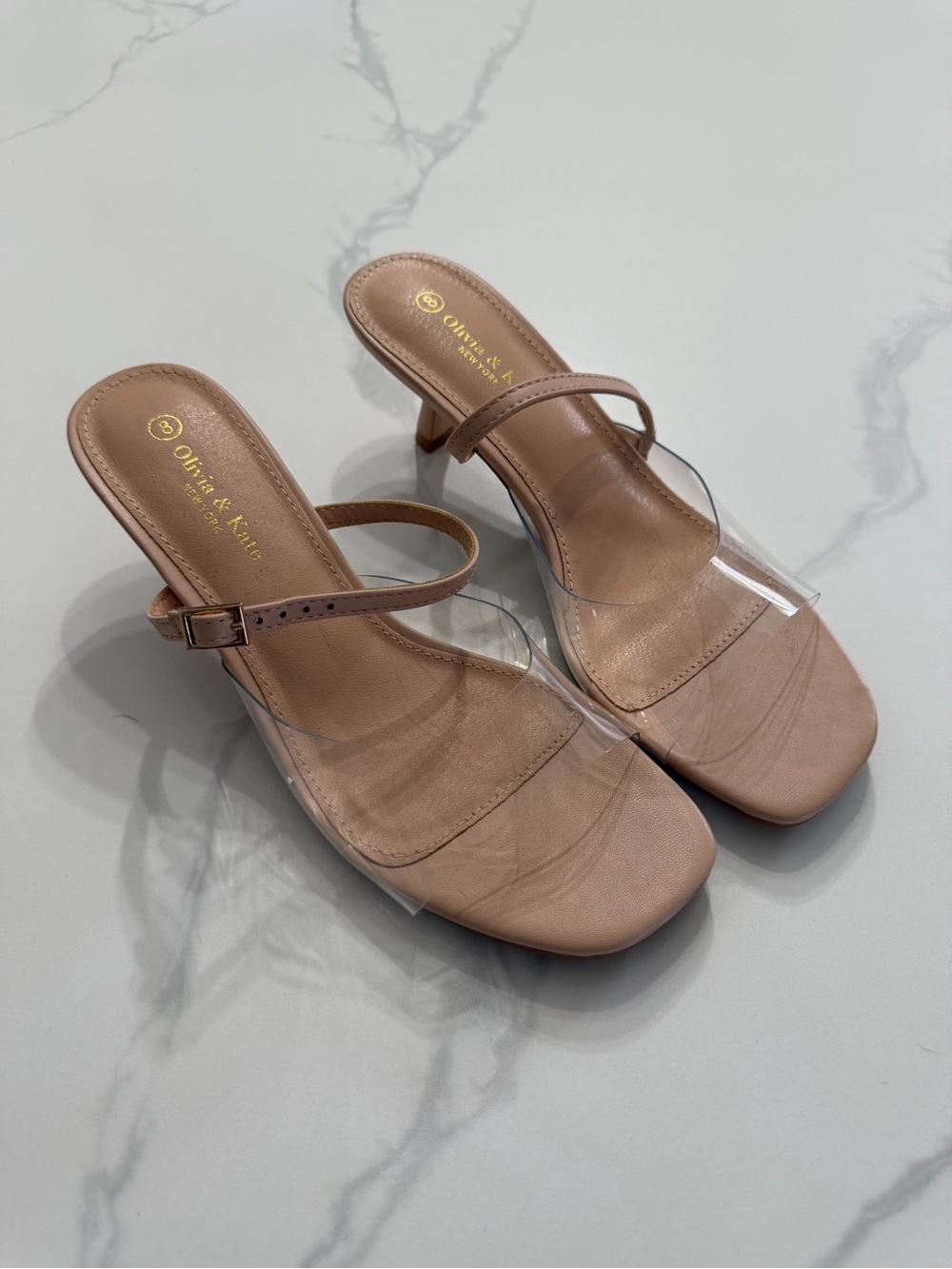 Nude Clear-Strap Mid Heel Mules